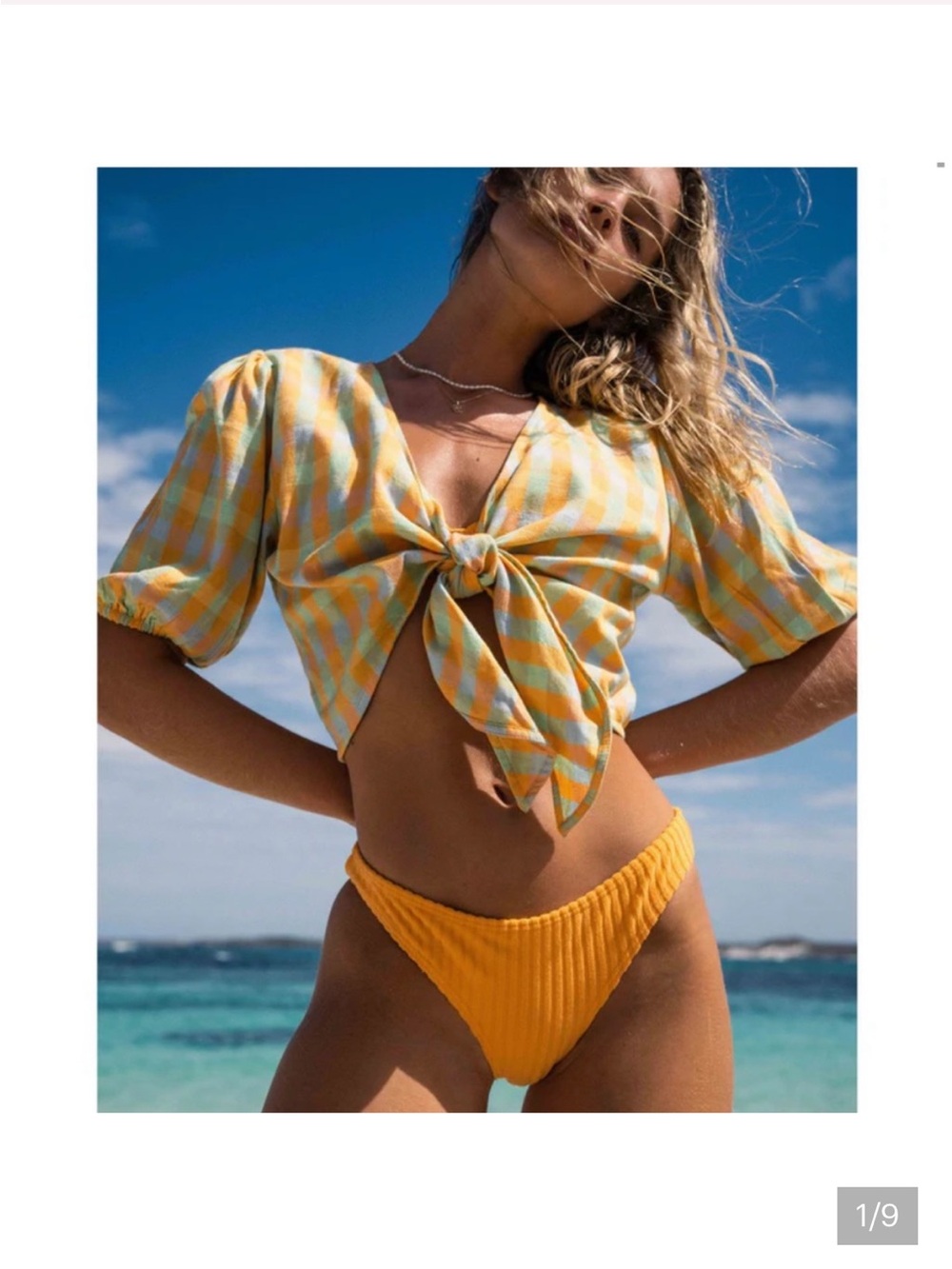 Billabong As You Wish The Tie Front Crop Top Pastel Plaid Puff Sleeve Sz M,  EUC
